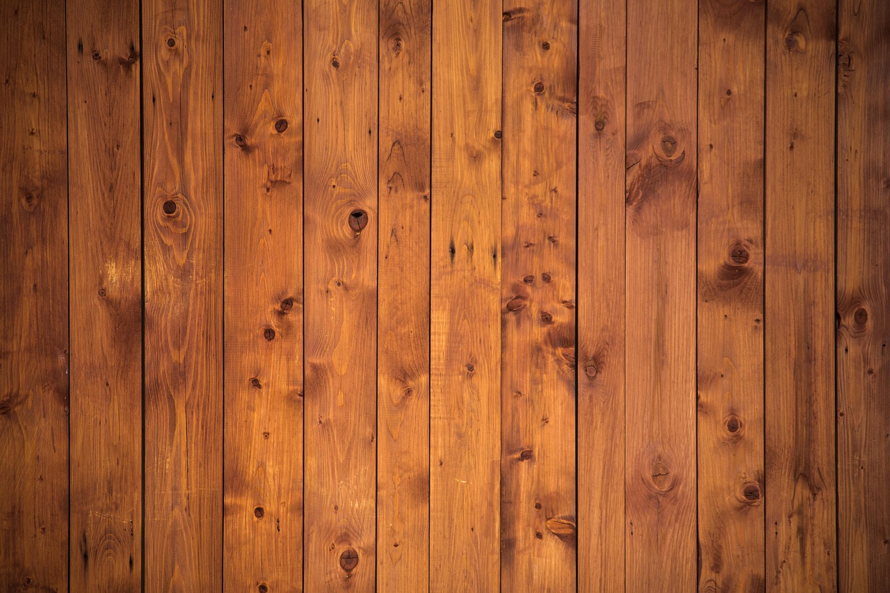 Moderne eetkamer met houten wandpanelen.